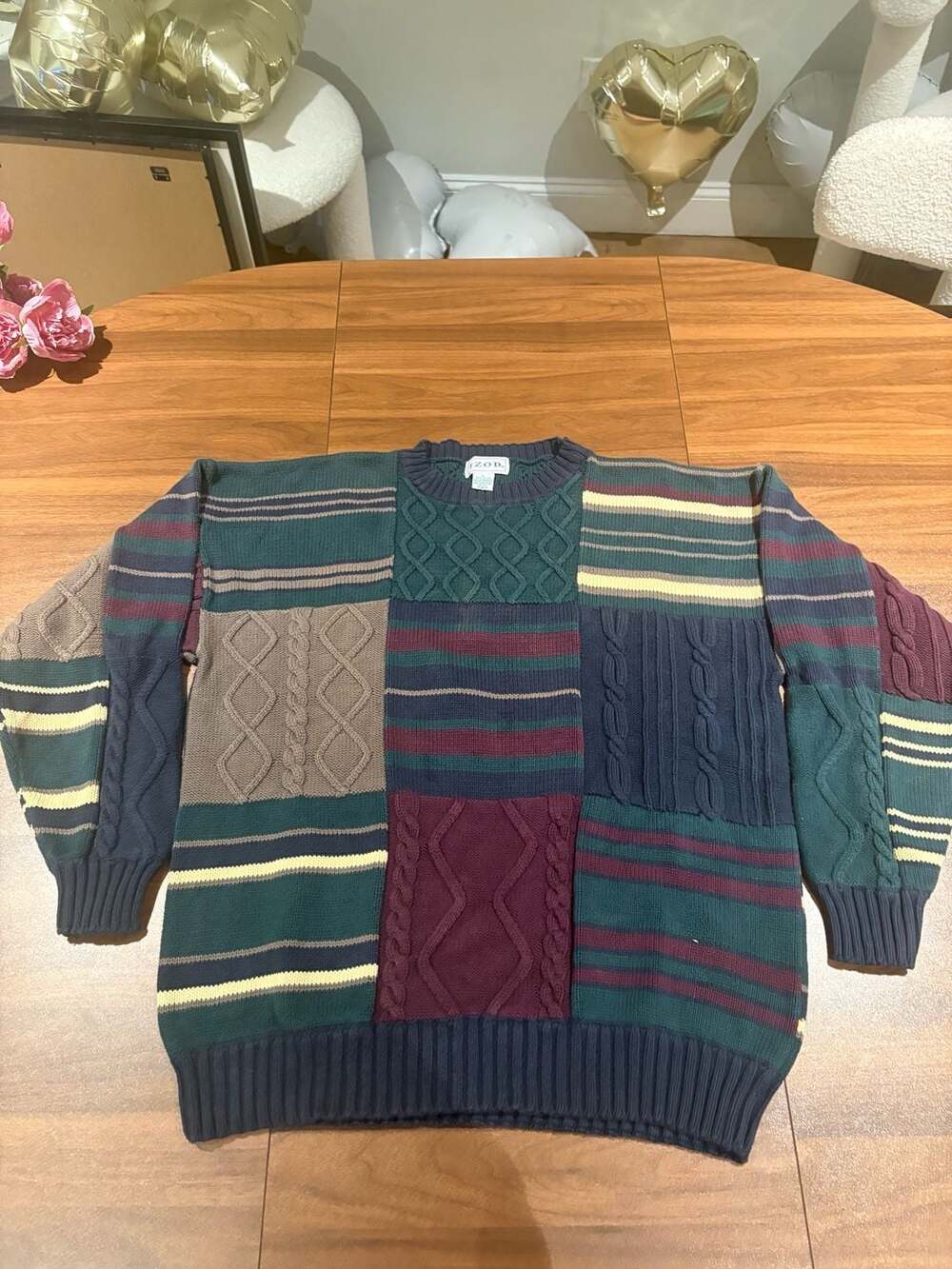 IZOD Patchwork Knit Sweater Size L Multicolor Cotton
